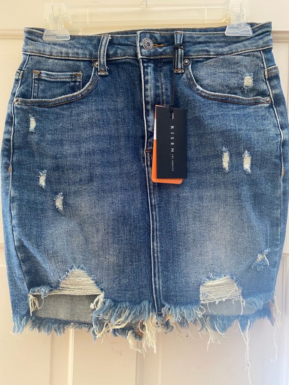 Risen Washed Blue Distressed Denim Mini Skirt
